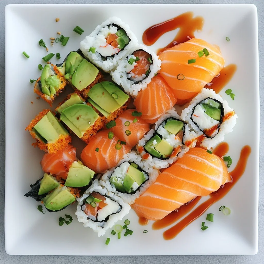 Zwei Sushi Wickel auf einem Teller, gefüllt mit frischen Zutaten