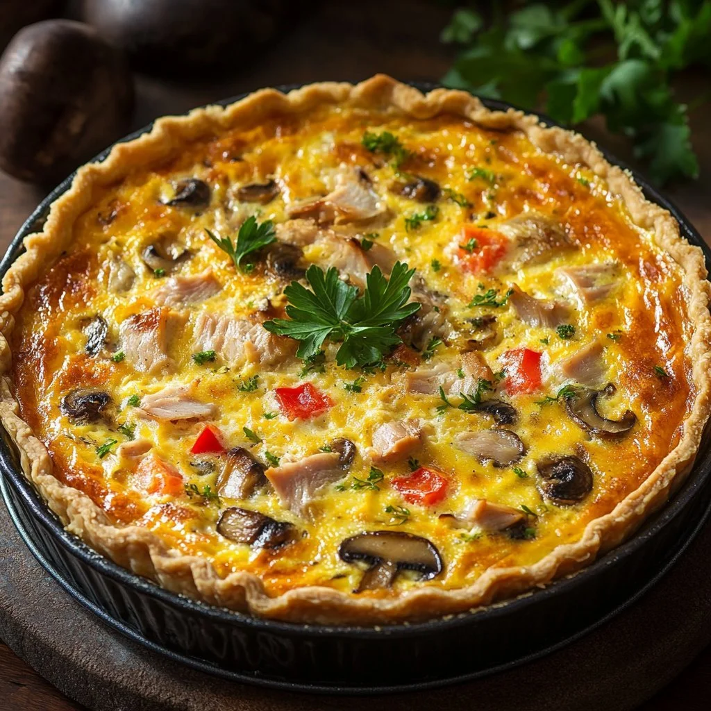 Thunfisch-Pilz-Quiche ohne Teig auf einem Teller serviert