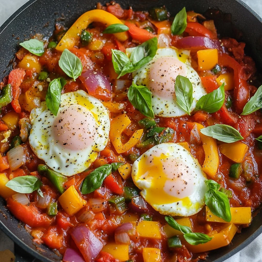 Traditionelle Chakchouka mit Eiern, Paprika und Gewürzen