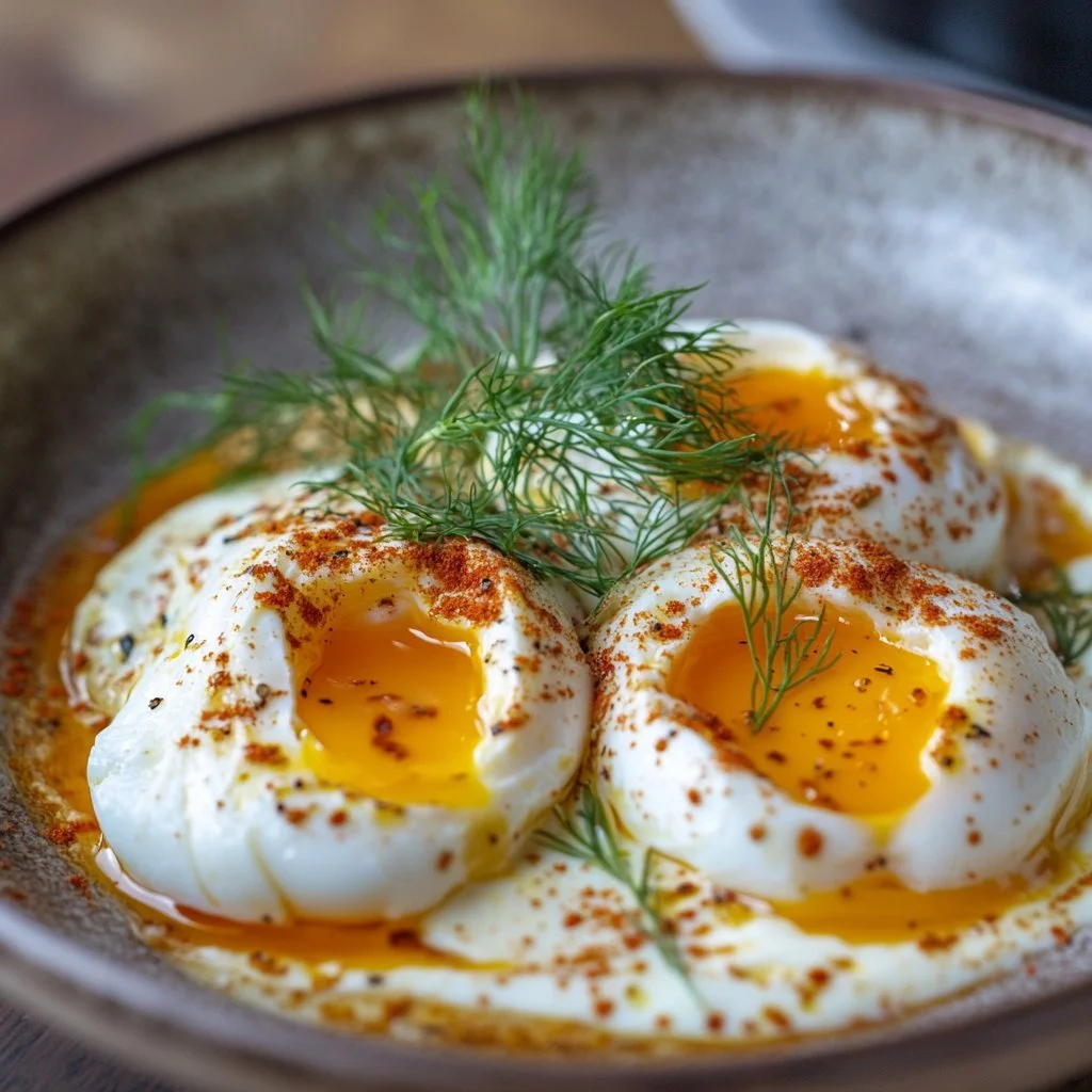 Delicious Türkische Eier served with spices and yogurt