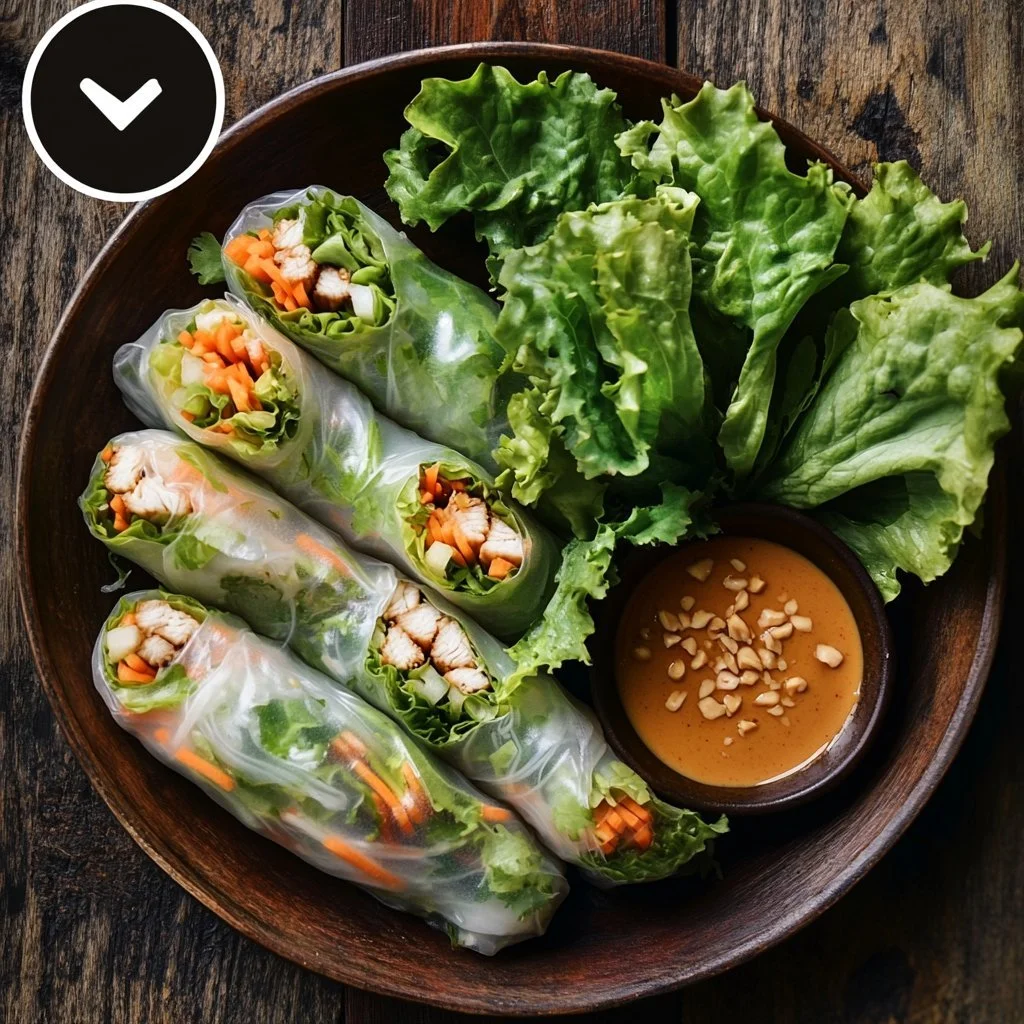 Vietnamesische Sommerrollen mit Hähnchen und frischen Zutaten auf einem Teller