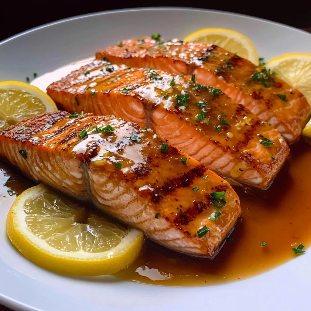 Butter-Zitronen-Glasierter Lachs in der Pfanne, serviert mit frischen Kräutern.