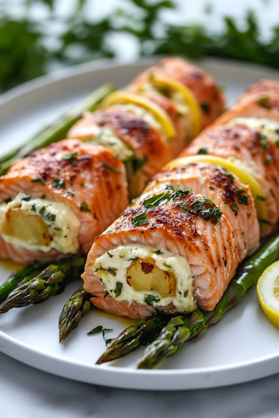 Lachs-Röllchen mit Ricotta und Spargelfüllung