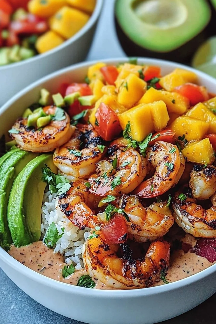Garnelenschalen mit Avocado, Mangosauce und Limetten-Chilisauce
