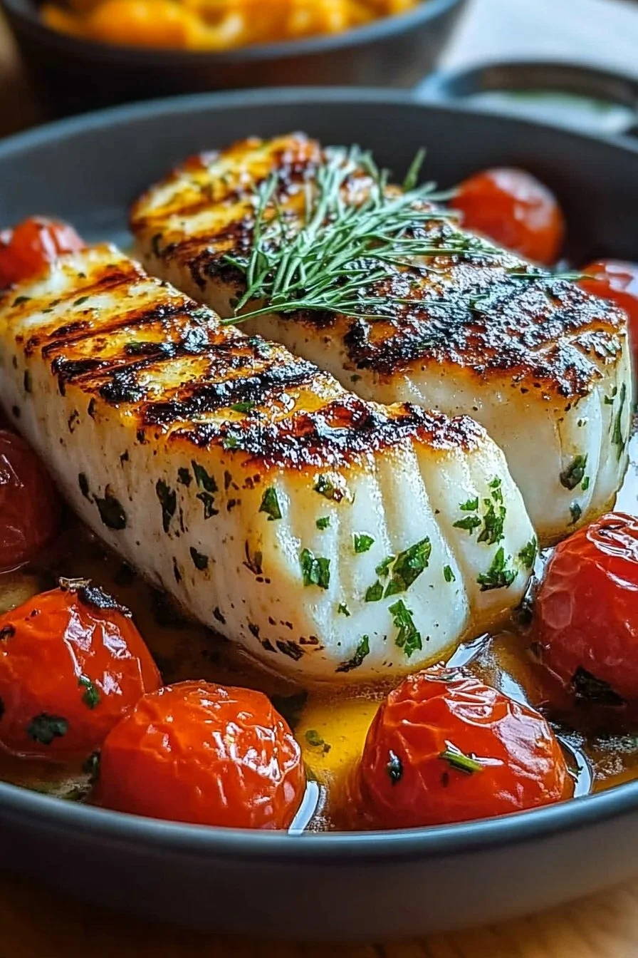 Gegrillter Kabeljau mit gerösteten Tomaten und cremiger Dillsoße