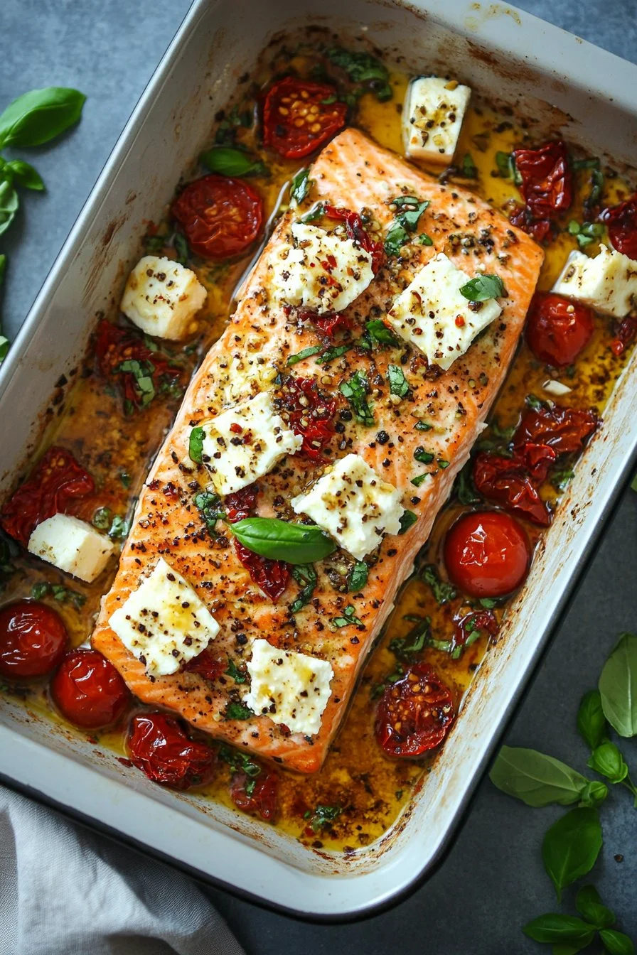 Mediterraner Ofenlachs mit Feta-Käse und getrockneten Tomaten