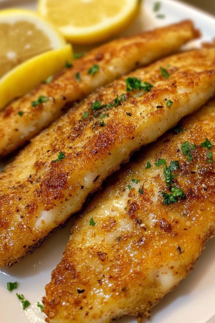 Gebratener Fisch in der Pfanne mit Zitronenbuttersoße