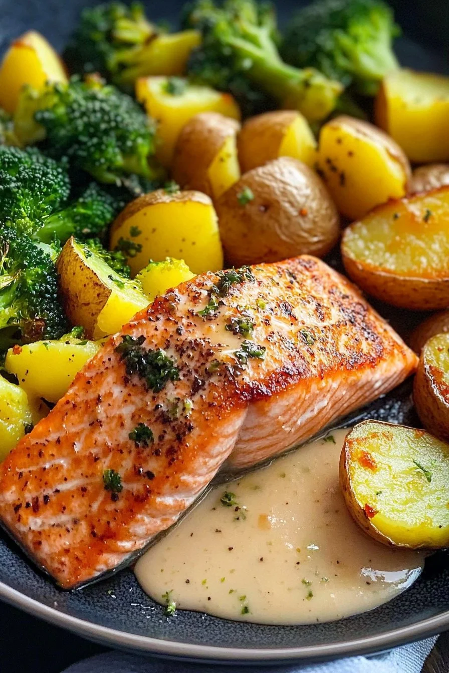 Ofenlachs mit knusprigen Kartoffeln und Brokkoli