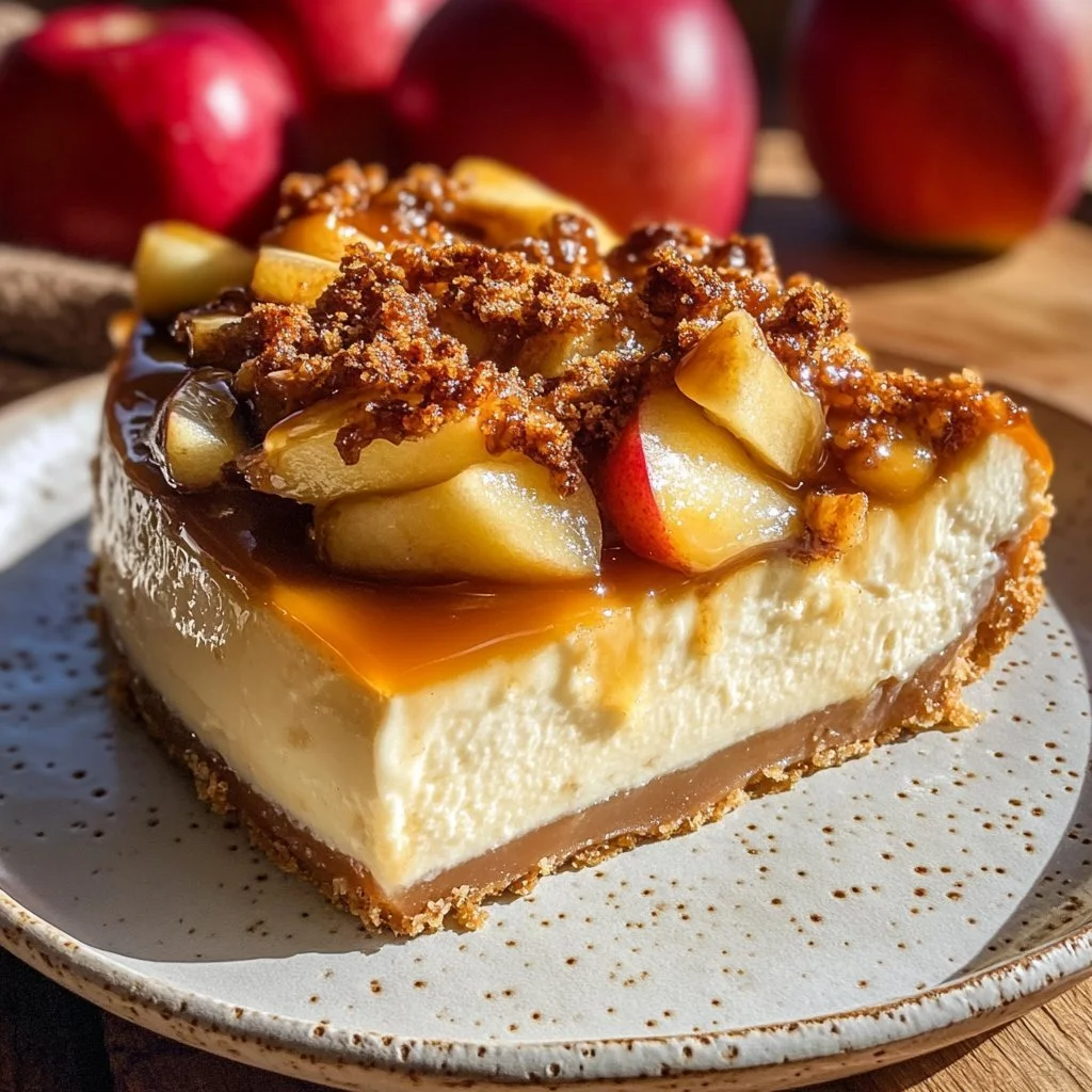 Apfelkäsekuchen mit salzigem Karamell auf einem Teller