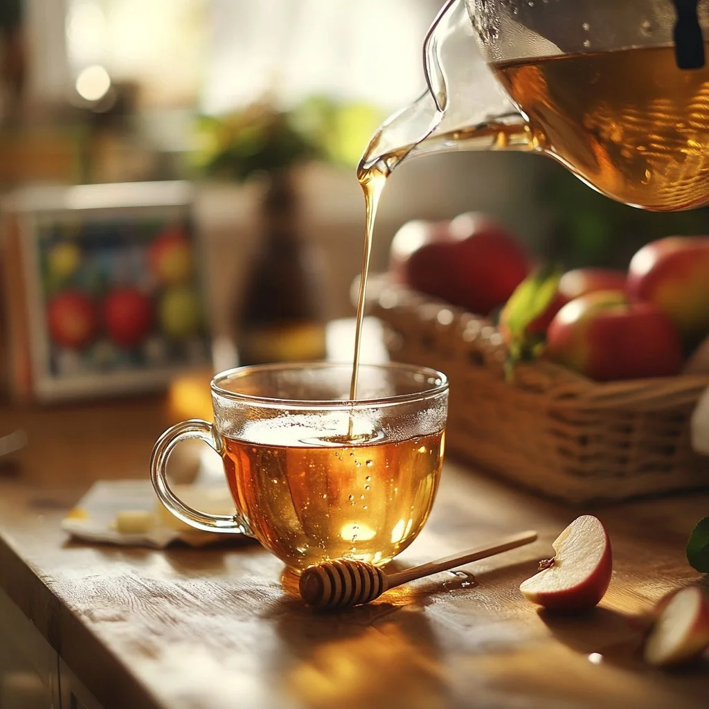 Eine Tasse heißer Apfeltee mit Zimt und frischen Apfelstücken.