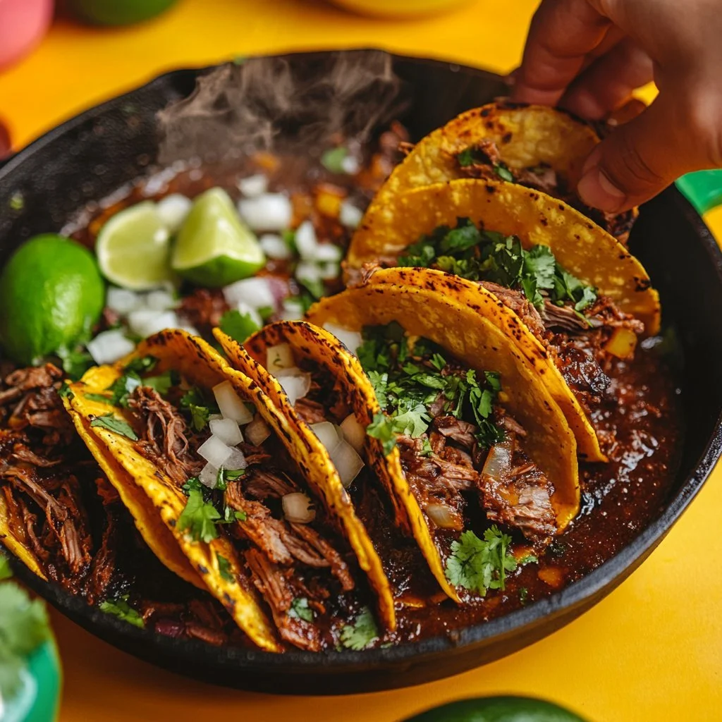 Leckere Birria Tacos mit zartem Fleisch und würziger Brühe serviert