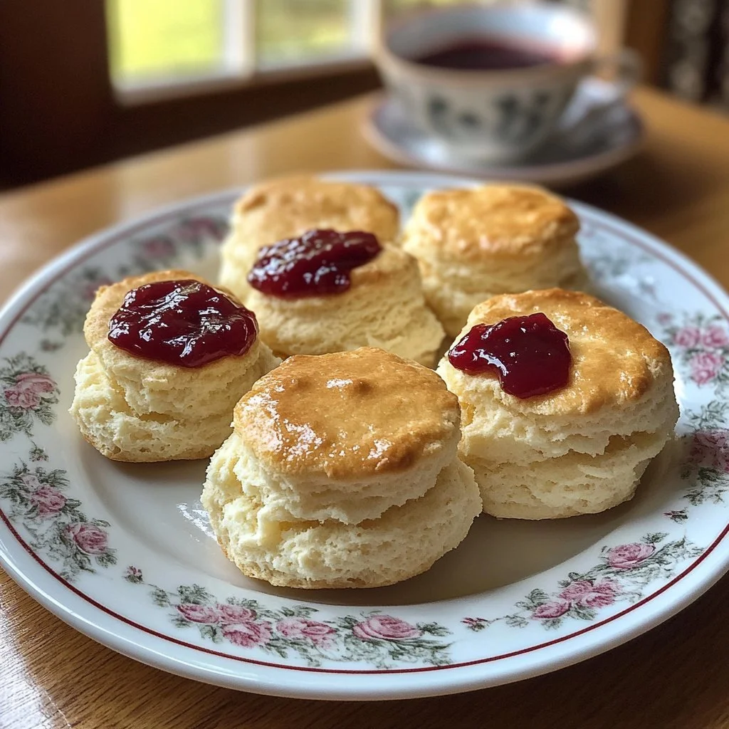 Britische Scones mit Marmelade und Sahne serviert auf einem Teller