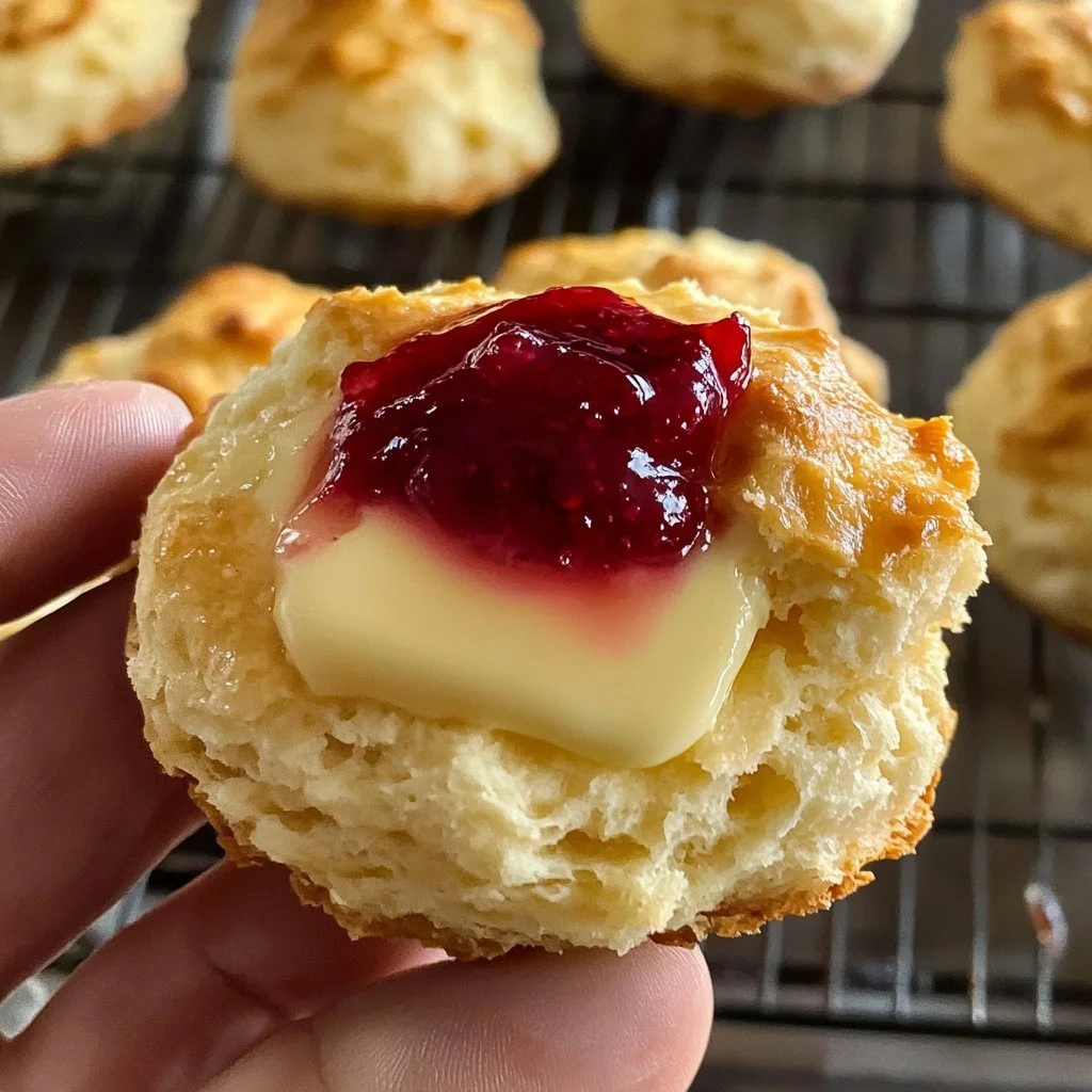 Frisch gebackene Buttermilch-Scones, goldbraun und fluffig auf einem Teller.