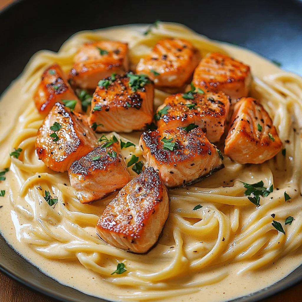 Cremige Pasta mit Lachs, serviert mit frischen Kräutern auf einem Teller