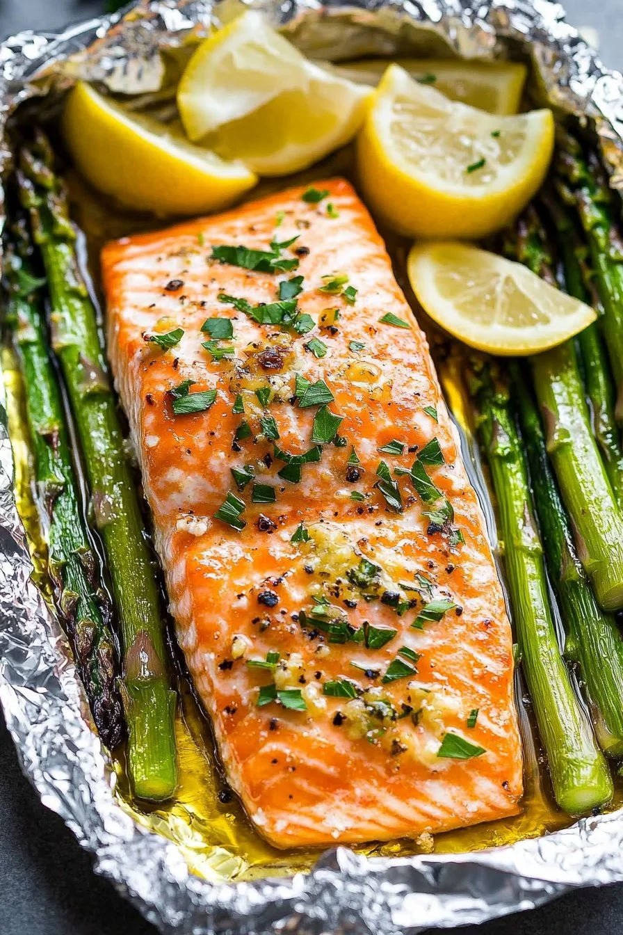 Im Ofen gebackener Lachs in Alufolie mit Spargel