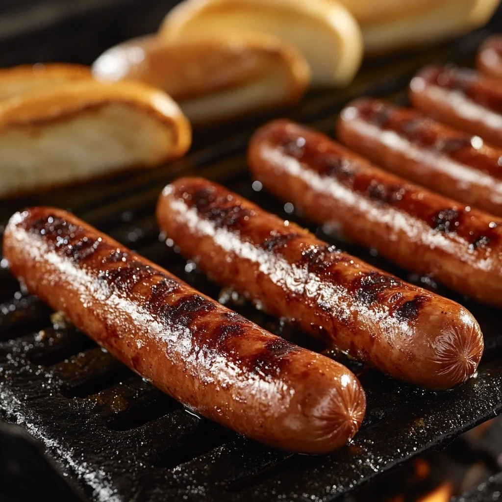 Leckere Hot Dogs mit verschiedenen Toppings auf einem Grillteller