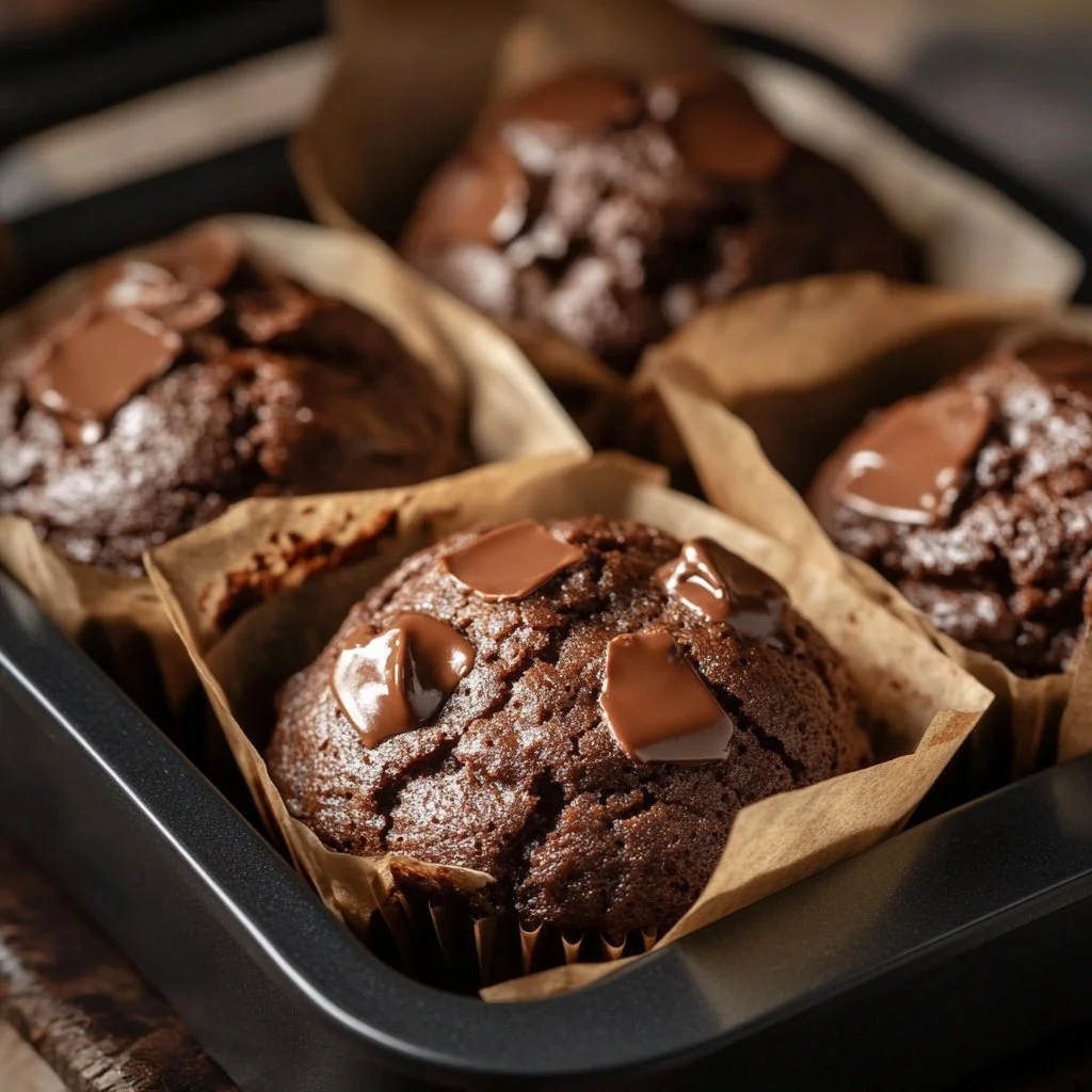 Doppelt Schokoladen-Muffins nach Bäckerei-Art mit herrlicher Schokoladenfüllung