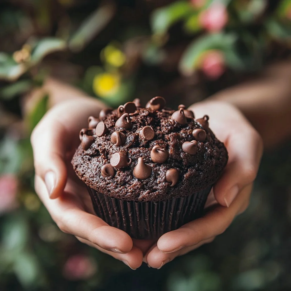 Doppelt Schokoladenmuffins mit reichhaltiger Schokoladenglasur und Schokoladenstückchen