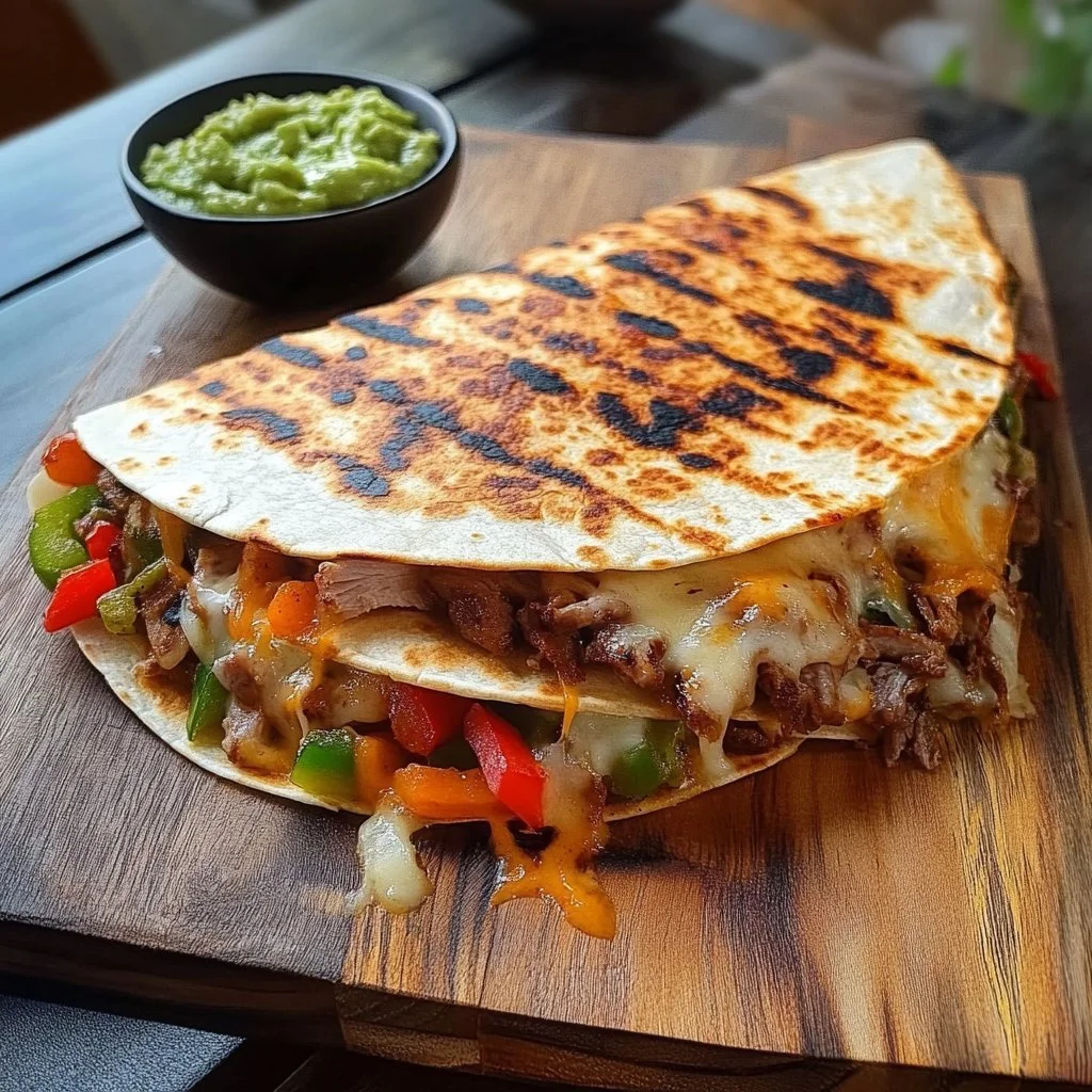 Fajita-Quesadillas mit Hähnchen, serviert mit frischem Gemüse und Salsa