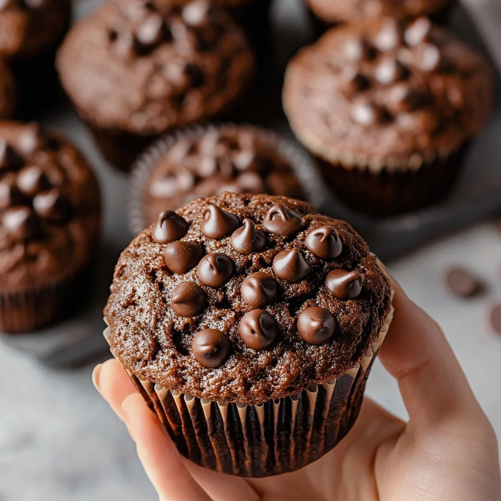 Feuchte Schokoladen-Espresso-Muffins mit einer Tasse Kaffee serviert