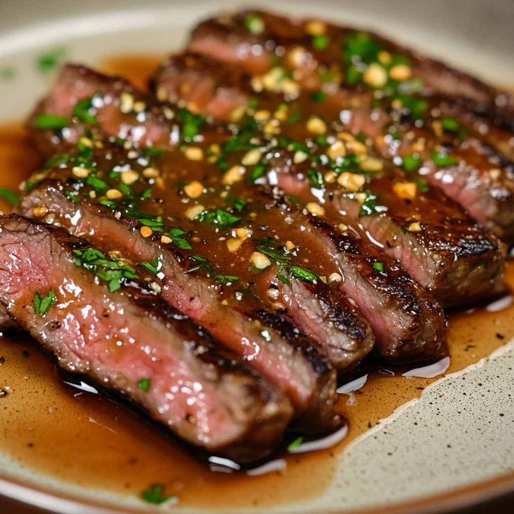 Filetsteak mit cremiger Knoblauchsauce auf einem Teller serviert