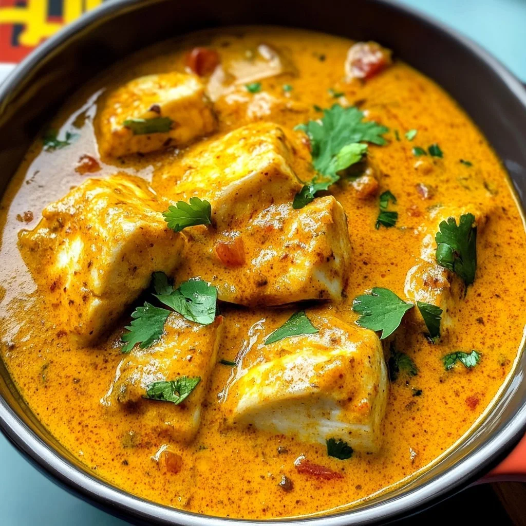 Fischcurry mit Kokosnuss auf einem Teller serviert