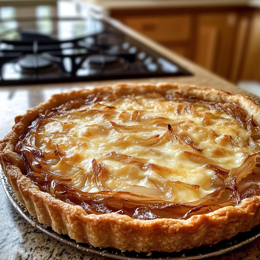 Französischer Zwiebelkuchen mit Zwiebeln, Speck und frischen Kräutern.