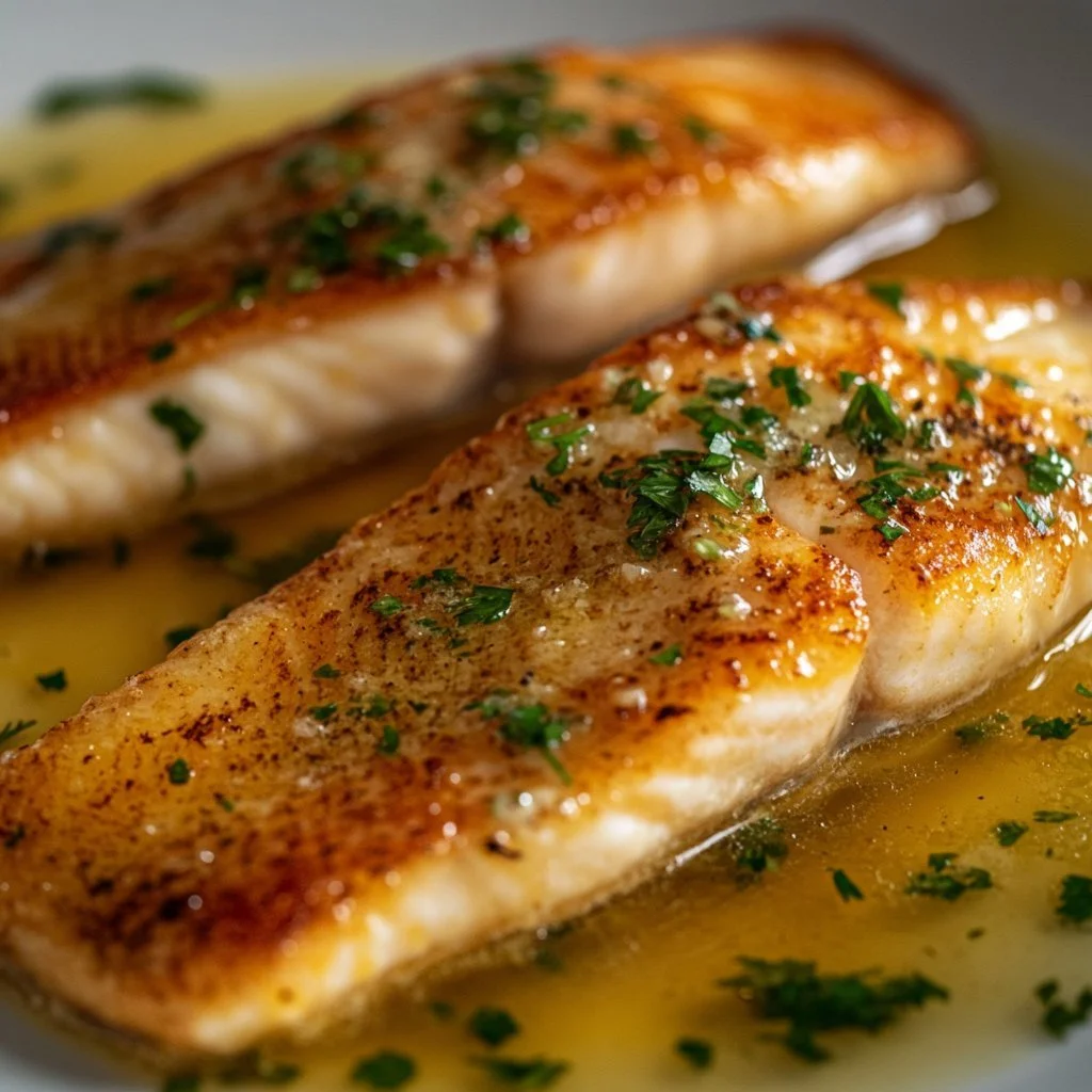 Gebratener Fisch in der Pfanne mit Zitronenbuttersoße auf einem Teller serviert