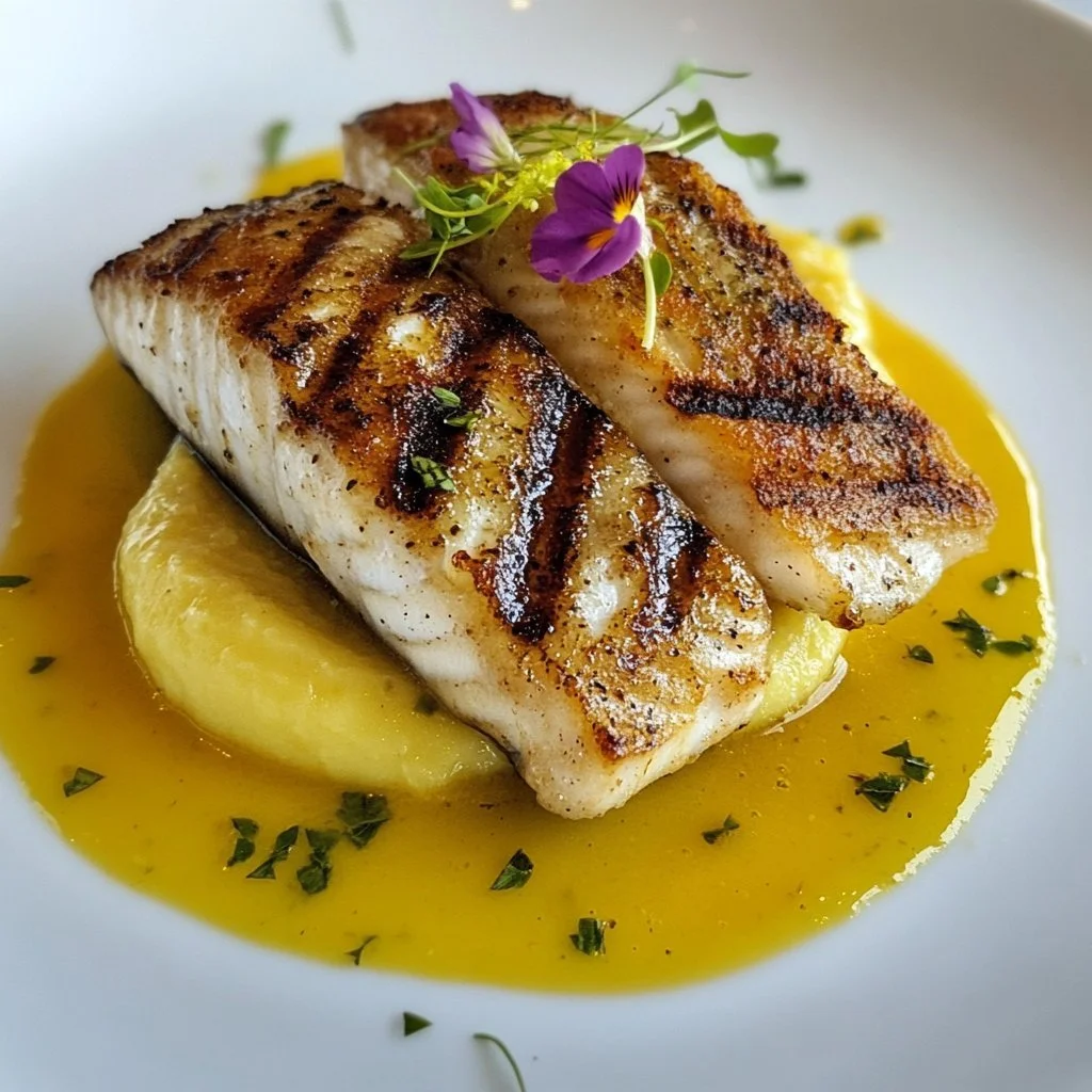 Gegrillter Barramundi mit Zitronenmyrtenbuttersauce auf einem Teller angerichtet