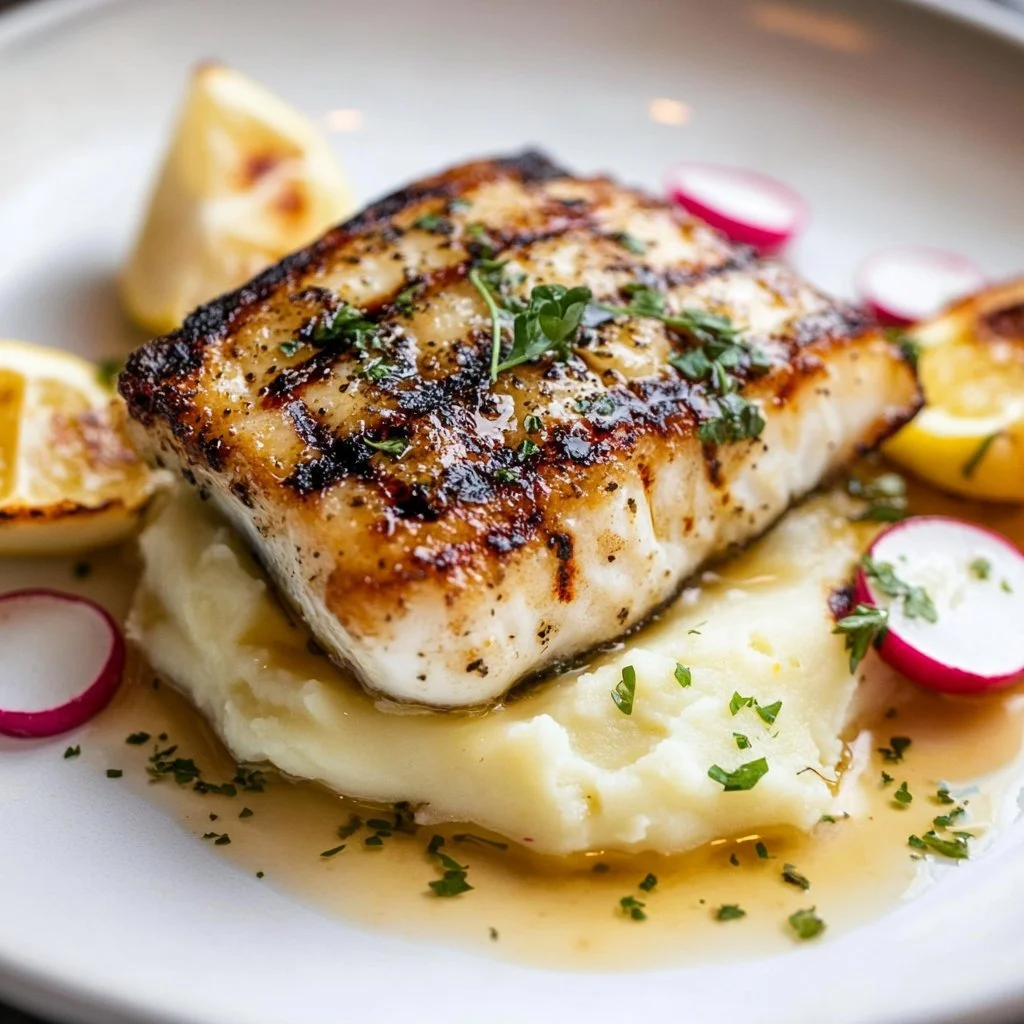 Gegrillter Besugo mit Kräuterbutter auf einem Teller