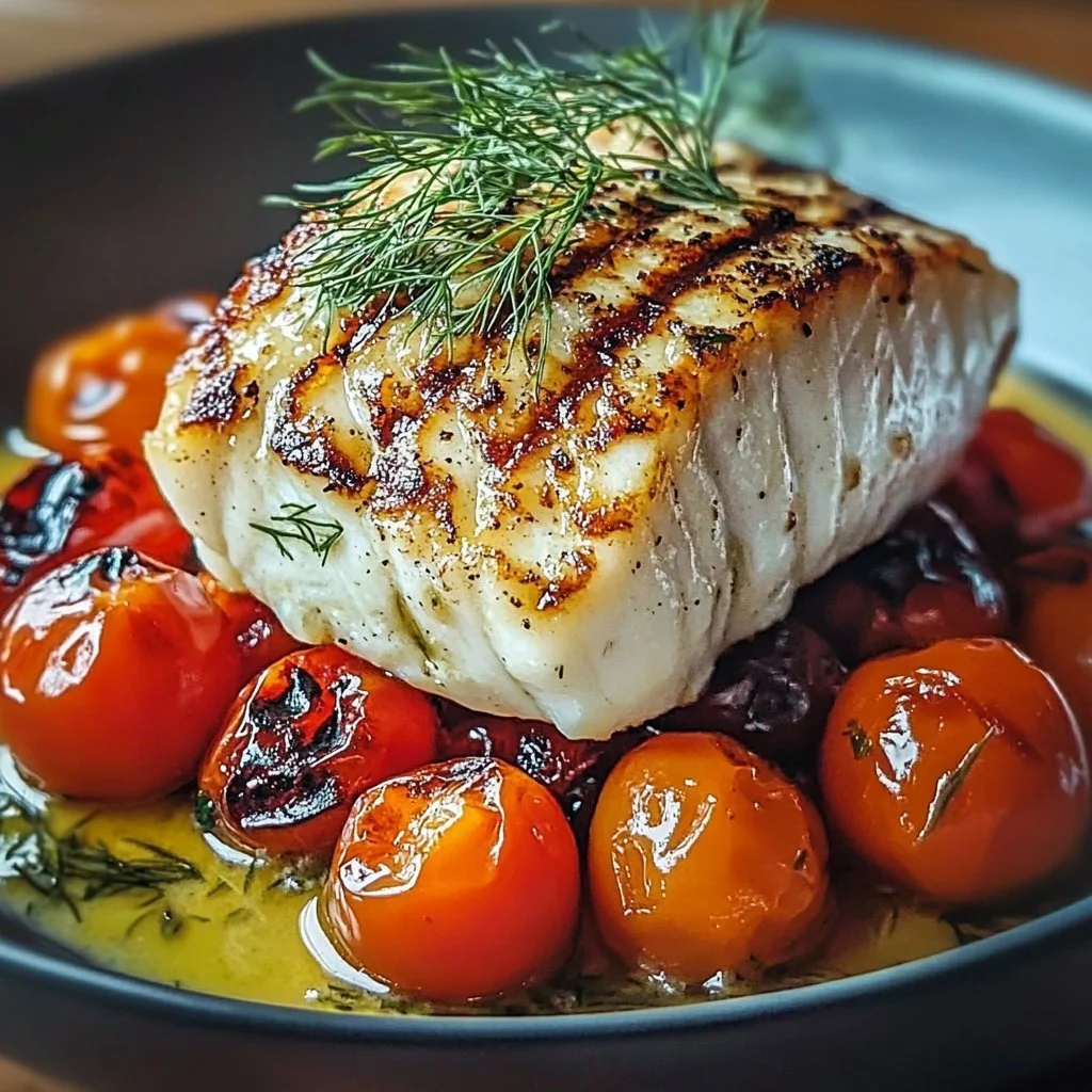 Gegrillter Kabeljau mit gerösteten Tomaten und Dillsoße auf einem Teller
