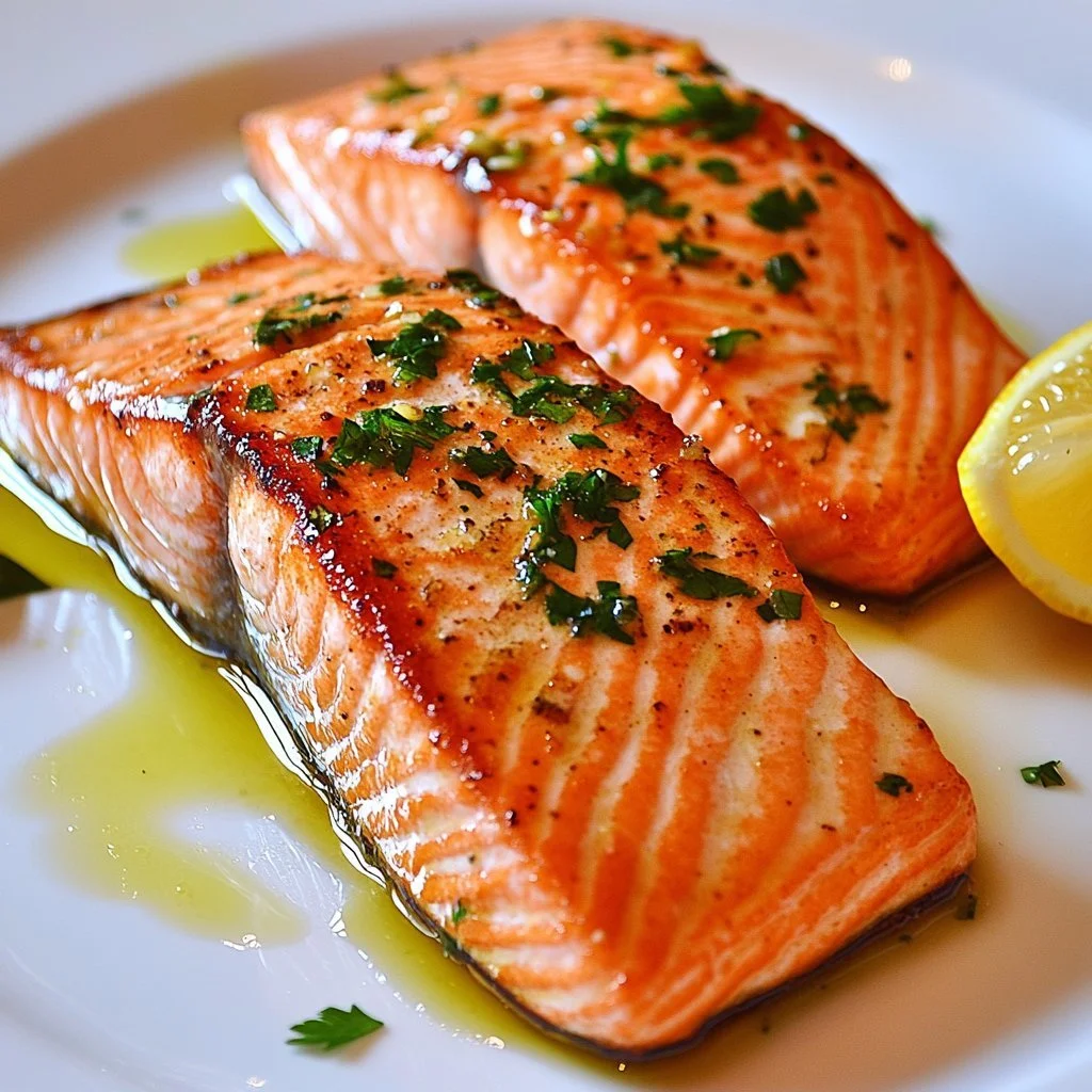 Gegrillter Lachs mit Knoblauch-Zitronen-Buttersoße auf einem Grill.