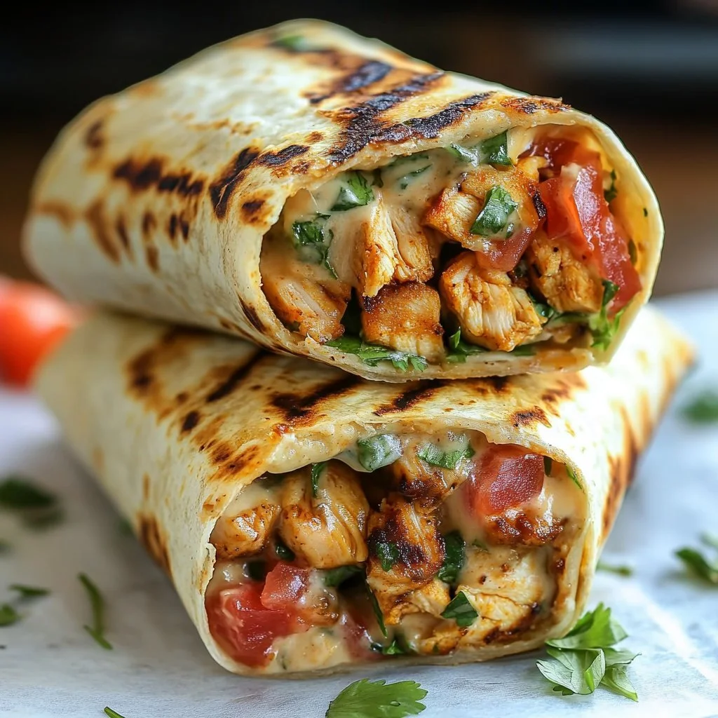 Gegrilltes Hühnchen-Burrito mit Chipotle-Ranch-Dressing auf einem Teller serviert