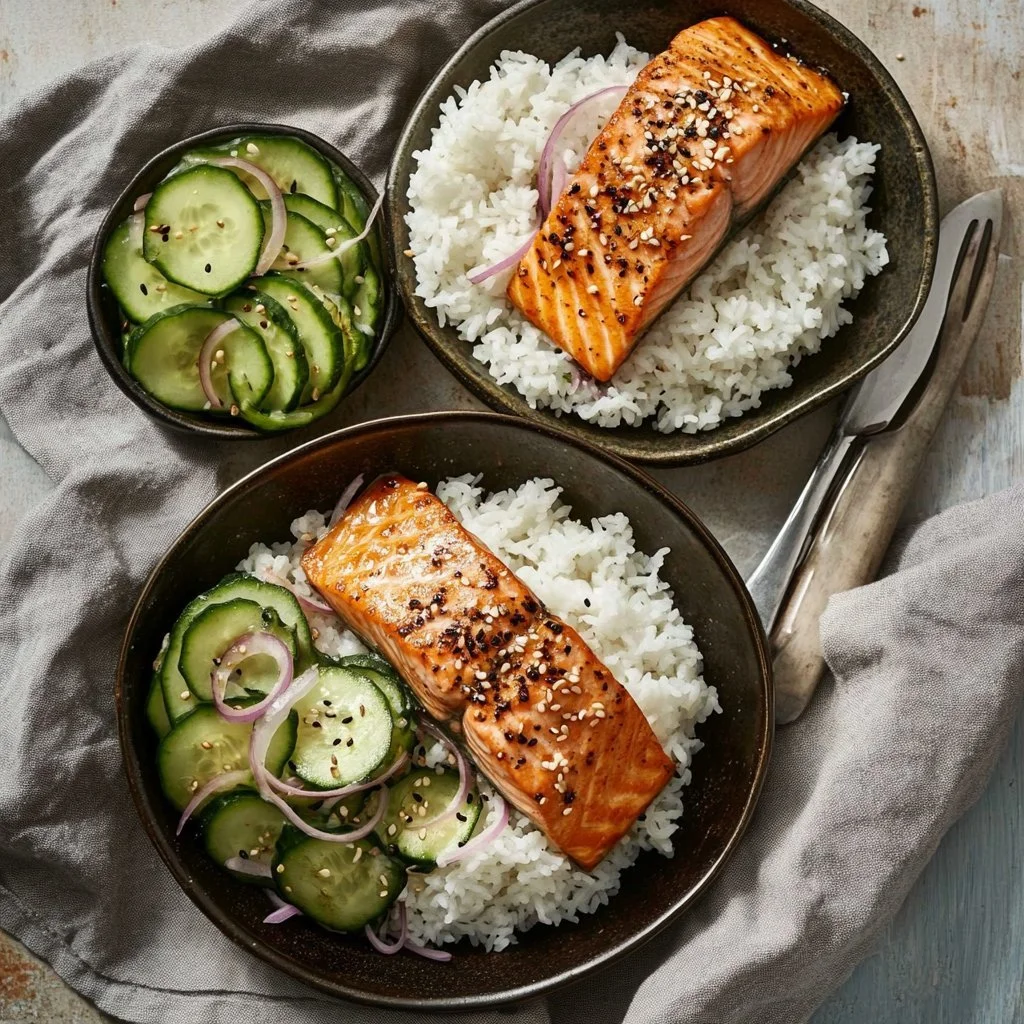 Gesunde Reis-Bowl mit frischem Lachs und buntem Gemüse
