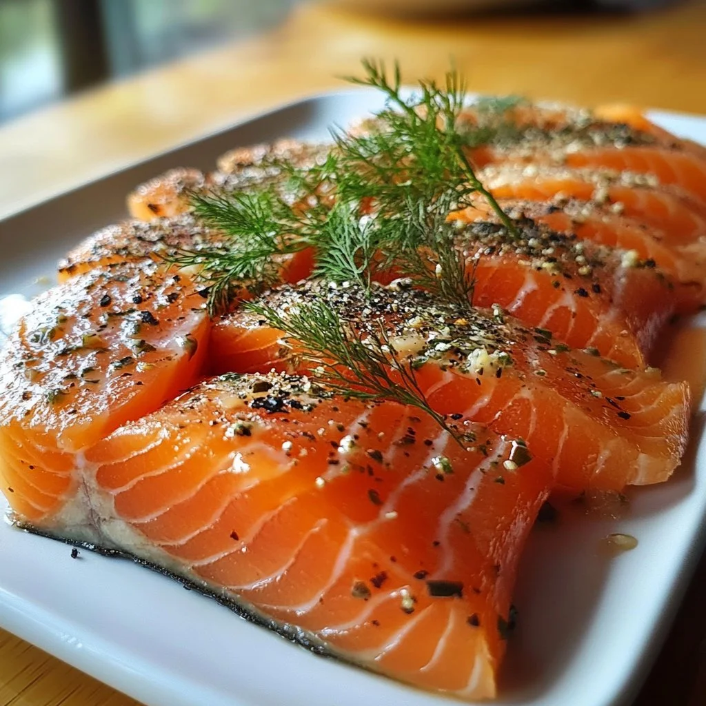 Gravlax aus Wildlachs aus British Columbia serviert auf einem Teller