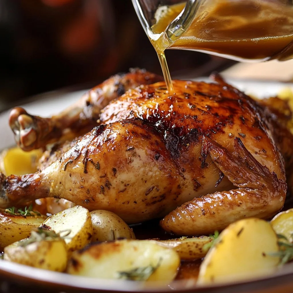 Hähnchen in Bier im Ofen gebraten, goldbraun und aromatisch serviert.