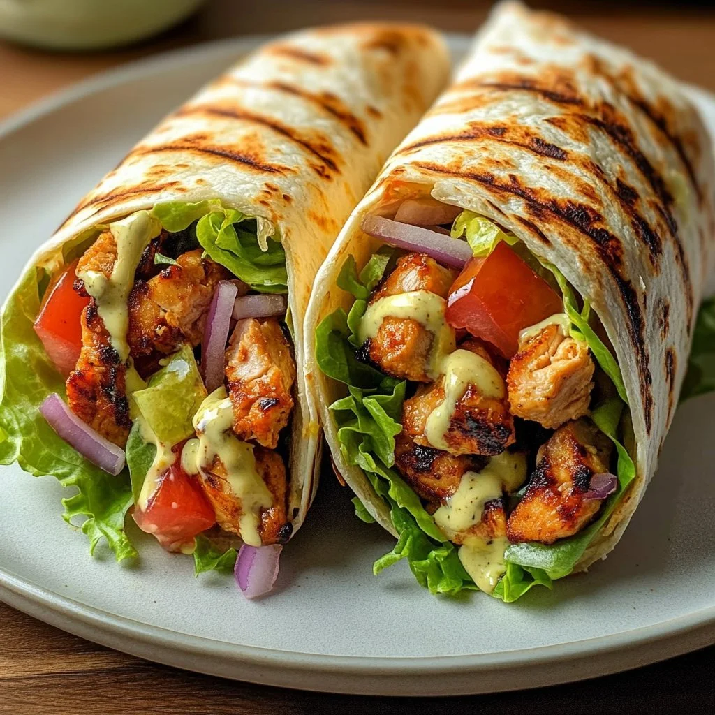 Hähnchen-Shawarma mit cremiger Knoblauchsauce auf einem Teller serviert
