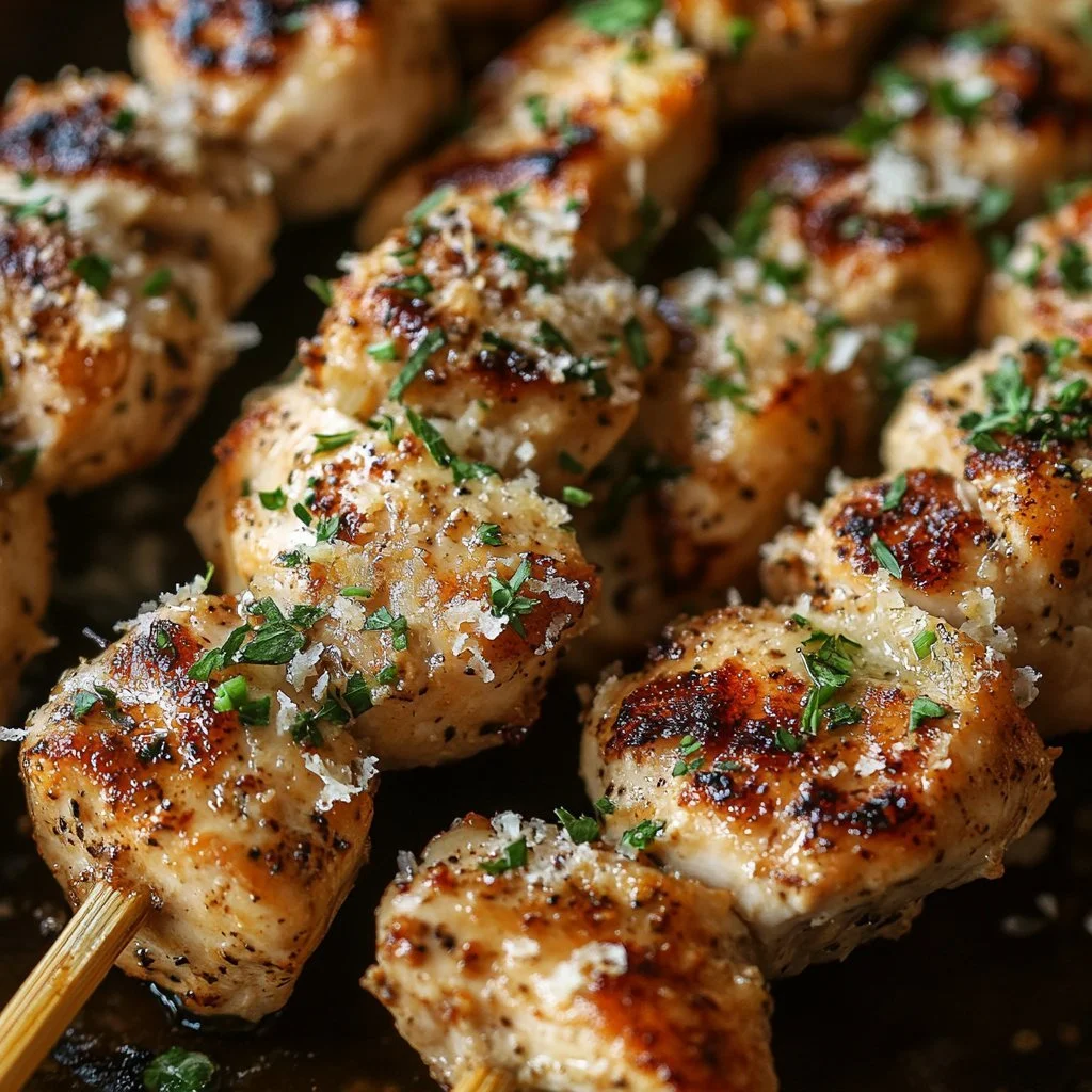 Hähnchenspieße mit Knoblauch und Parmesan auf einem Grill