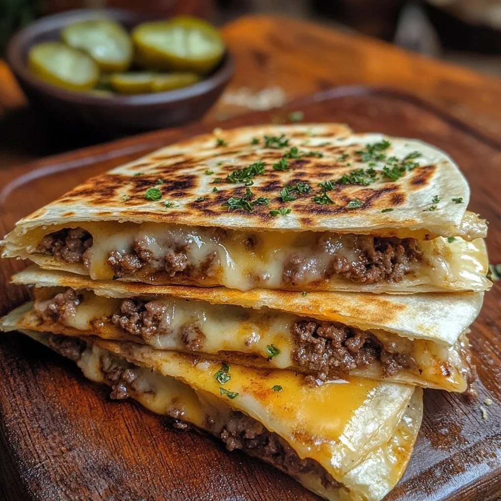 Hamburger Quesadilla mit Käse und frischen Zutaten auf einem Teller serviert.