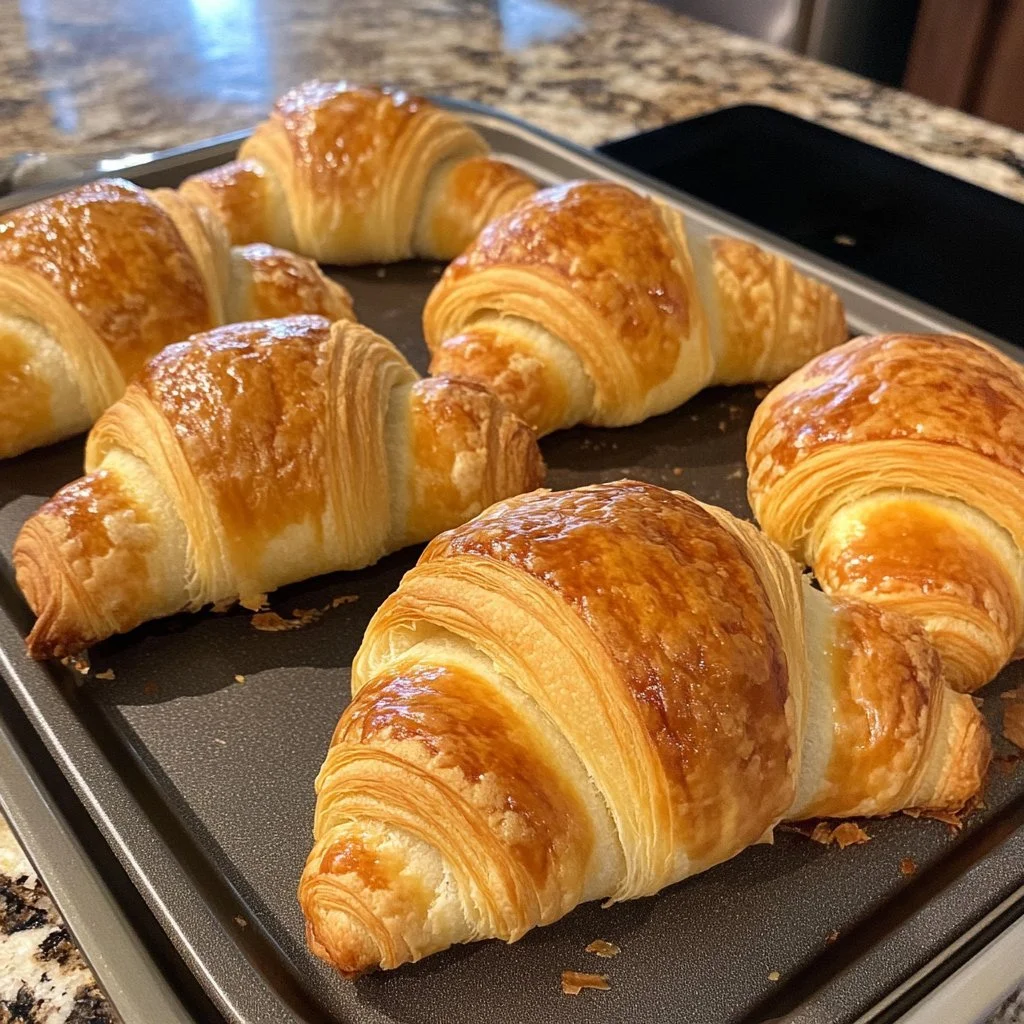 Frisch gebackene hausgemachte Croissants auf einem Holztablett