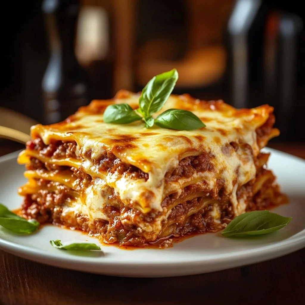 Hausgemachte Lasagne mit Sauce und frischem Gemüse in einer Auflaufform