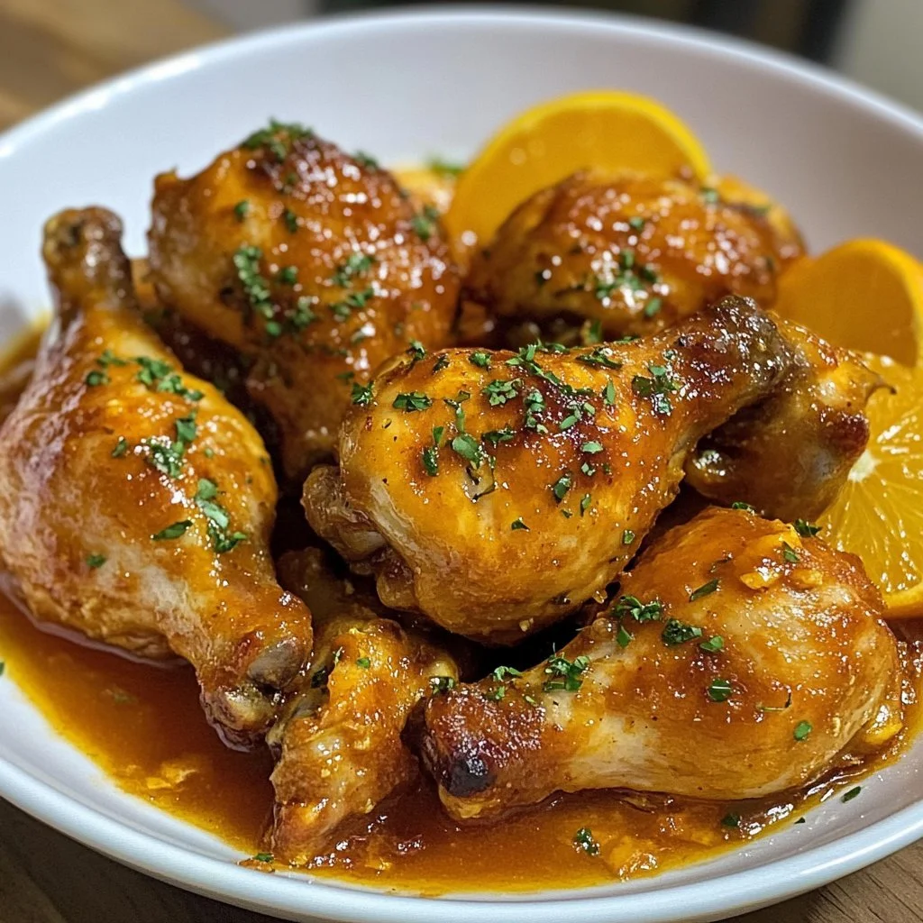 Hühnchen in Orangensauce serviert mit frischen Beilagen