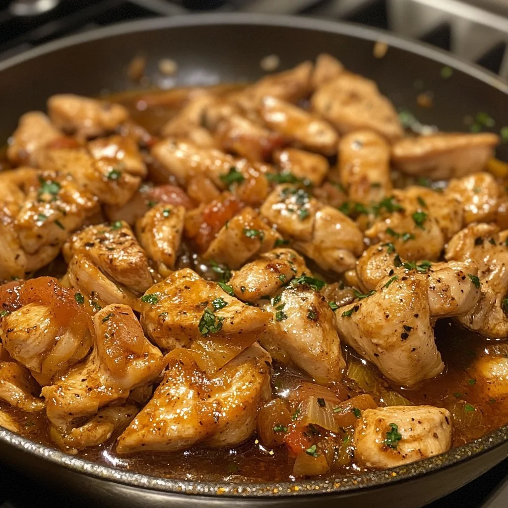 Hühnchen Scarpariello mit Paprika und Kräutern auf einem Teller serviert.