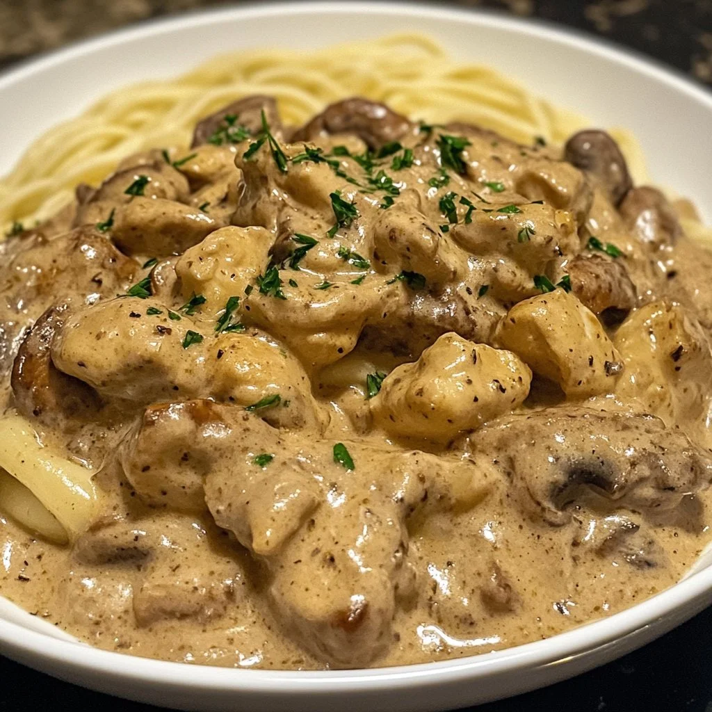 Hühnchen Stroganoff auf einem Teller serviert