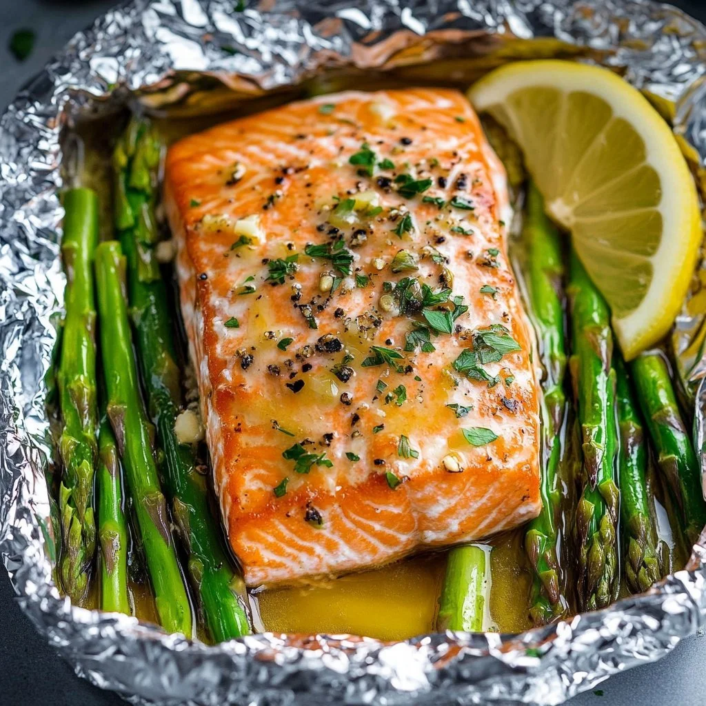 Ofen gebackener Lachs in Alufolie mit Spargel auf einem Teller serviert