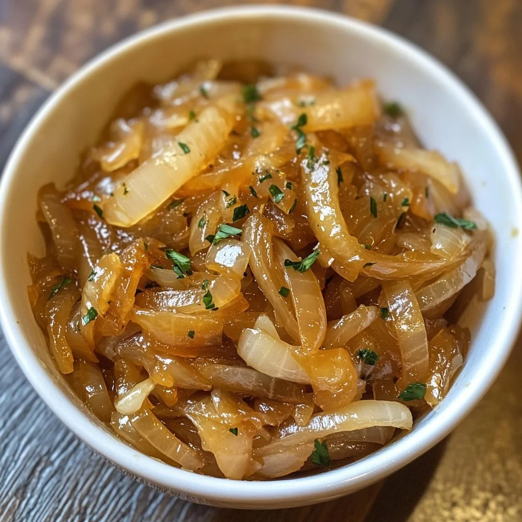 Karamellisierte Zwiebeln in einer Pfanne, goldbraun und aromatisch