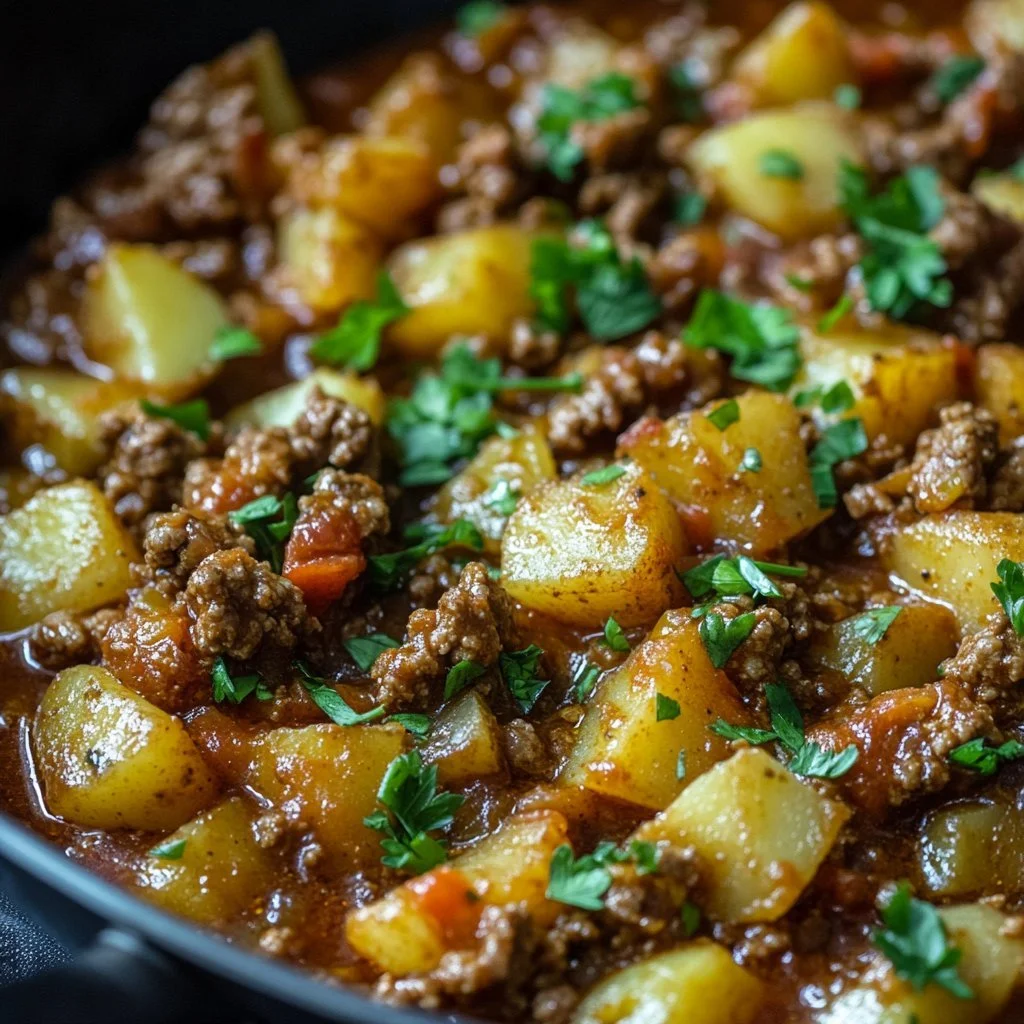 Gericht aus Kartoffeln mit Hackfleisch in Tomatensauce serviert