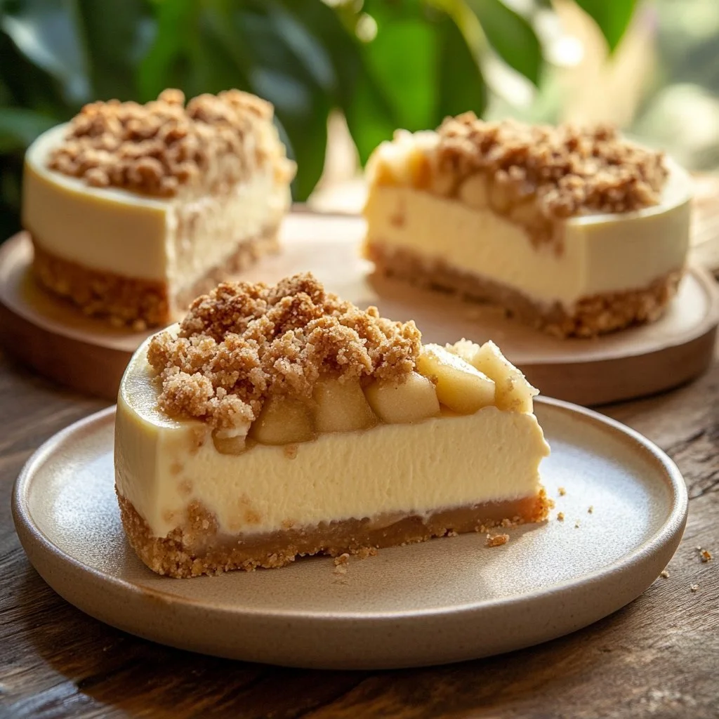 Käsekuchen mit Apfel-Crumble auf einem Teller, frisch gebacken