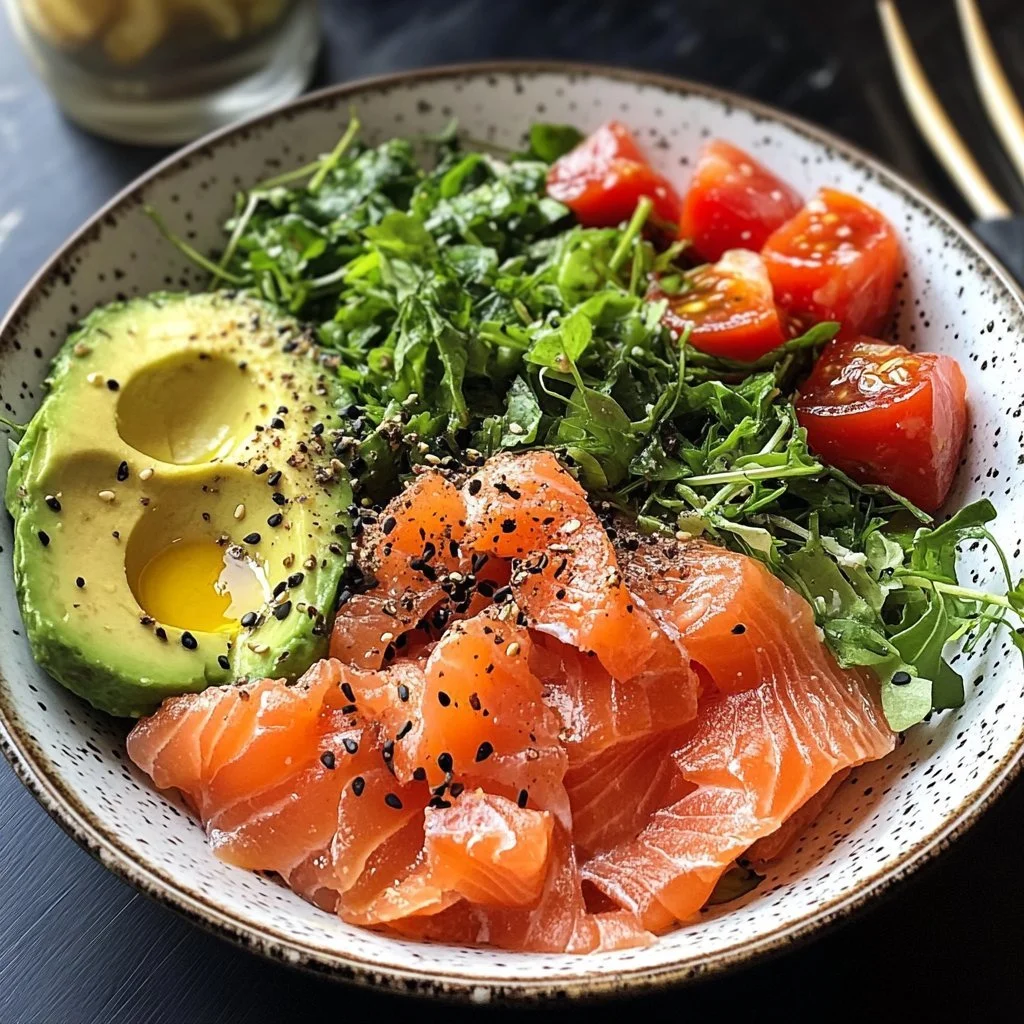 Keto-Avocado-Frühstücksschale mit geräuchertem Lachs auf einem Teller.
