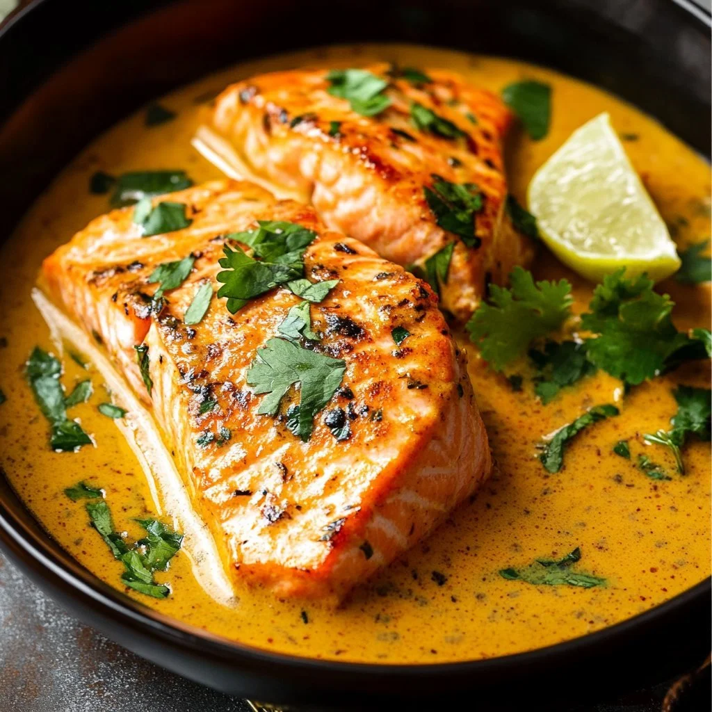 Köstliches Kokos-Salmon-Curry mit frischen Zutaten und aromatischen Gewürzen